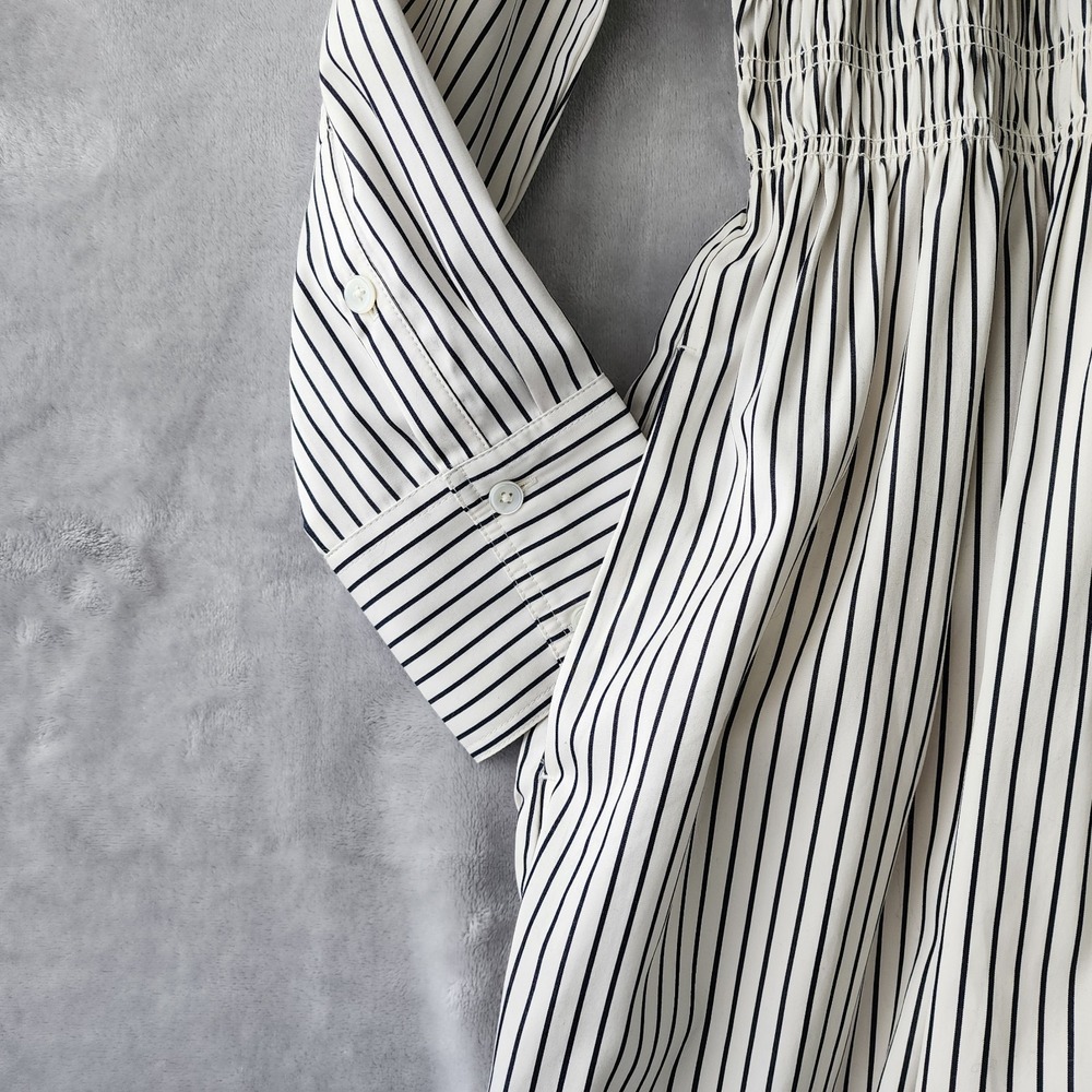 Madewell Dress Size Large Smocked Black Pinstriped Cotton Pockets Shirtdress NWT - Picture 5 of 10